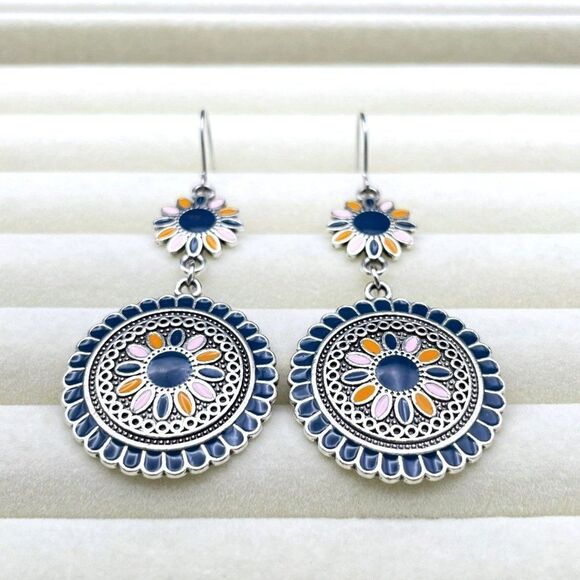 Silver with Blue Pink and Orange Enamel Dangling Boho Flower Drop Hook Earrings - Picture 4 of 9